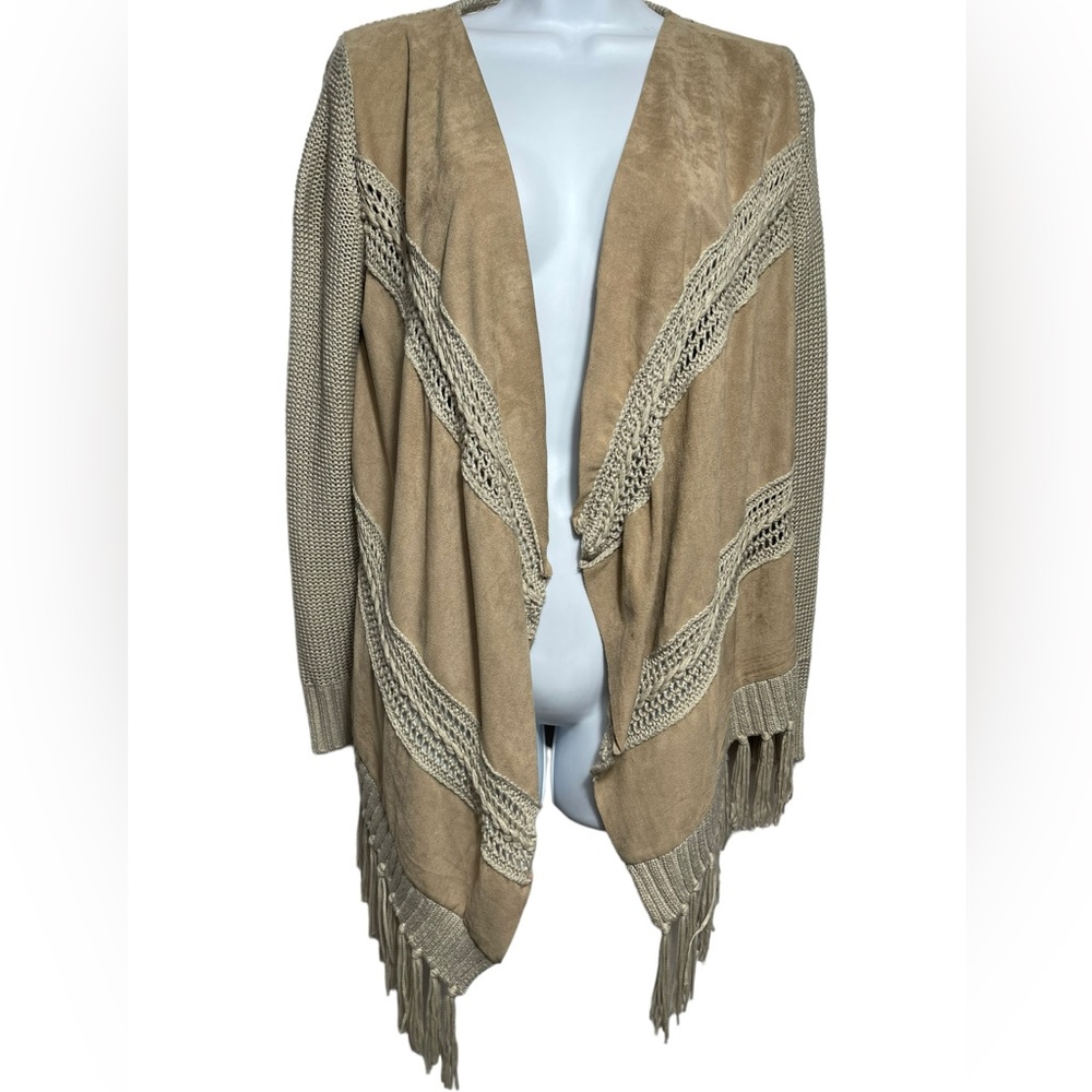 INC SIZE SMALL fringe‎ style faux suede and knit beige neutral cardigan